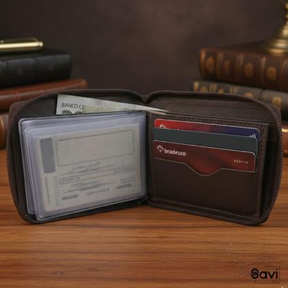 Imagem de Carteira Masculina de Zíper em Couro Legitimo com Porta Moedas e Divisor de Notas Savi