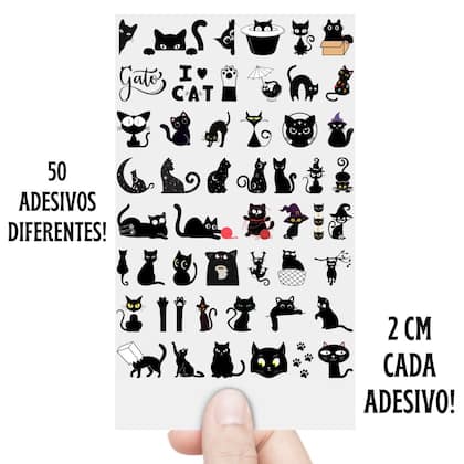 Imagem de Cartela 50 Adesivos Gatos Pretos Fofos DTF UV Prova D'Água