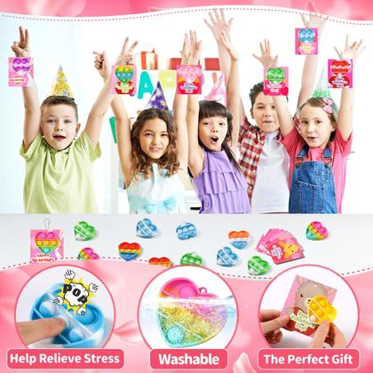 Imagem de Cartões de dia dos namorados para crianças em sala de aula com porta-chaves Heart Pop Bubble Fidget x30