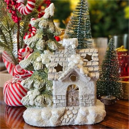 Imagem de Casa Natalina Árvore Nevada Vila Papai Noel Iluminada 23cm