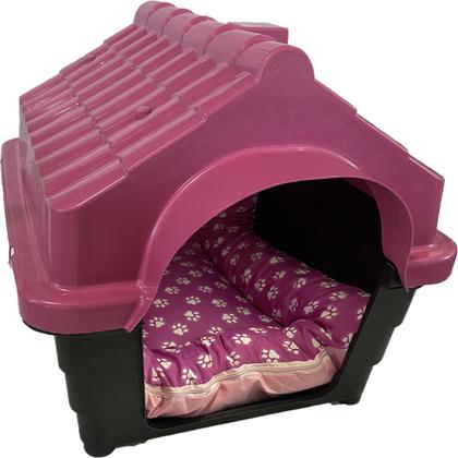 Imagem de Casa Plástica Pet Gatos Cães N4 Rosa + Cama Acolchoada Rosa
