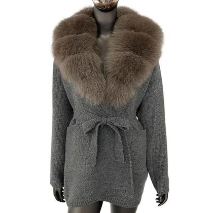 Imagem de Casaco de Pele de Raposa Verdadeira Feminino - Cardigan de Tricô com Capuz para Inverno