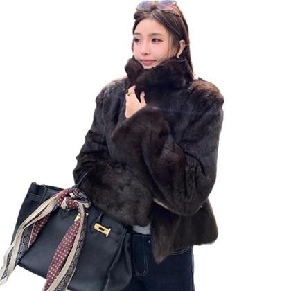 Imagem de Casaco Feminino De Pele Natural De Coelho Para Outono Inverno, Jaqueta De Couro Genuíno Feminina,