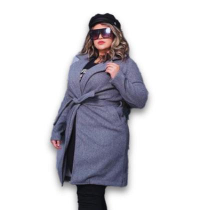 Imagem de Casaco Feminino Plus Size Sobretudo Tecido Lã Batida Bolso e Faixa