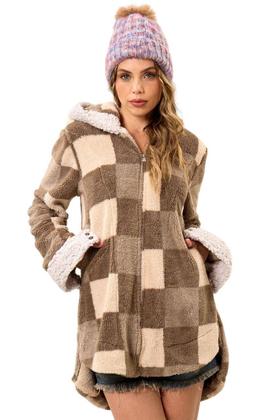 Imagem de Casaco Peluciado com Capuz Bege Xadrez Yacamim J10