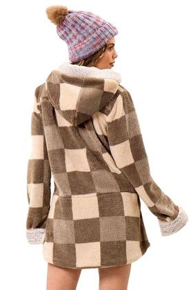 Imagem de Casaco Peluciado com Capuz Bege Xadrez Yacamim J10
