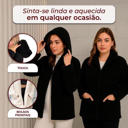 Imagem de Casaco Teddy Feminino Plus Size Peluciado Inverno Capuz Bolso Pelo Quentinho Casual