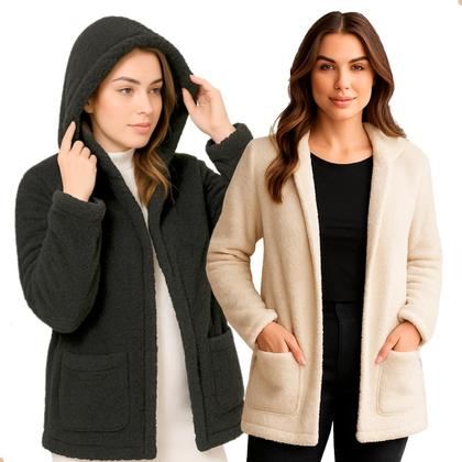 Imagem de Casaco Teddy Feminino Plus Size Peluciado Inverno Capuz Bolso Pelo Quentinho Casual