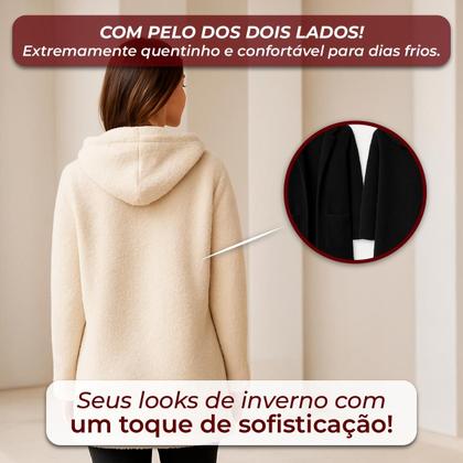 Imagem de Casaco Teddy Feminino Plus Size Peluciado Inverno Capuz Bolso Pelo Quentinho Casual