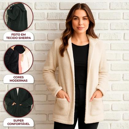 Imagem de Casaco Teddy Feminino Plus Size Peluciado Inverno Capuz Bolso Pelo Quentinho Casual