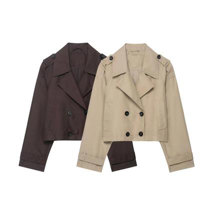 Imagem de Casaco Trench Curto Feminino Com Botões Duplos, Gola Reversível, Estilo Vintage, Manga Longa,