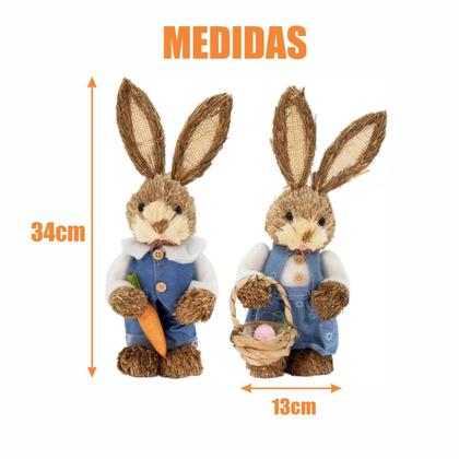 Imagem de Casal De Coelhos Dupla em Palha Páscoa Enfeite Decoração 34cm