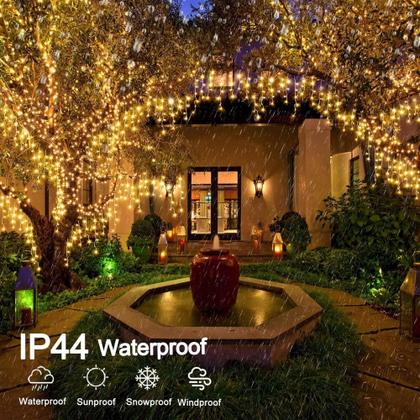 Imagem de Cascata 120 Led 8 Funções Prova D'água Branco Quente Bivolt Fio Branco 3m Uso Externo Natal