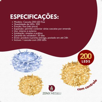 Imagem de Cascata 200 Led 5 Metros Natal Luz Fixa Com Emenda 127V e 220V