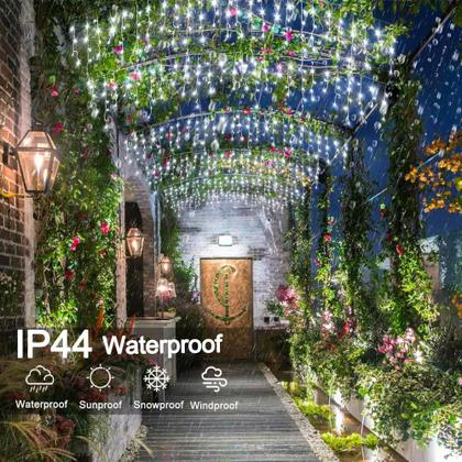 Imagem de Cascata 300 Led 10 Funções Prova D'água 31v Bivolt Fio Branco 6m Uso Externo Natal