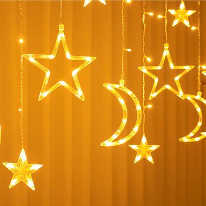 Imagem de Cascata LED Natalina Lua e Estrelas Branco Quente Decoração Interna e Externa 4,5m Pisca Pisca