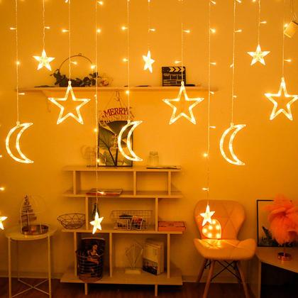 Imagem de Cascata LED Natalina Lua e Estrelas Branco Quente Decoração Interna e Externa 4,5m Pisca Pisca