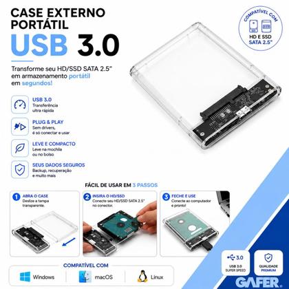 Imagem de Case Externa Transparente Slim para HD ou SSD 2.5 USB 3.0 Portátil Adaptador SATA Plug Play