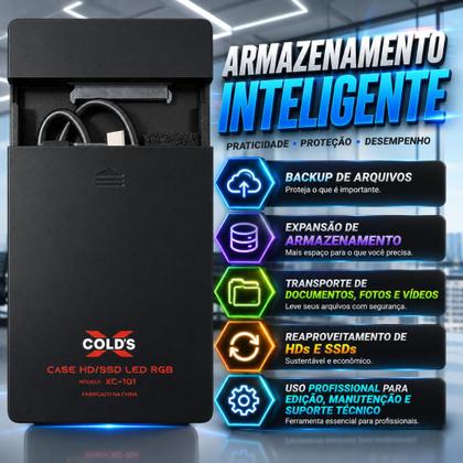 Imagem de Case Externo Hd SSD 2.5 Usbc 3.1 Alta Velocidade Premium Led Rgb Compatível Pc Notebook Smart Tv Ps4 Ps5 Xbox