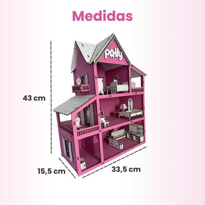 Imagem de Casinha De Boneca Brinquedo Infantil Em Mdf Rosa + 19 Mini Moveis