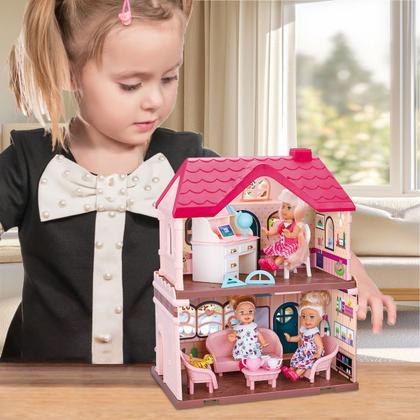 Imagem de Casinha de bonecas Dois Andares Casa Mágica Rosa de Brinquedo Infantil Crianças Com Acessórios