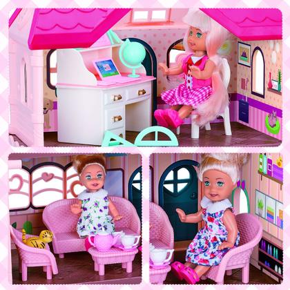 Imagem de Casinha de bonecas Dois Andares Casa Mágica Rosa de Brinquedo Infantil Crianças Com Acessórios