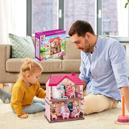 Imagem de Casinha de bonecas Dois Andares Casa Mágica Rosa de Brinquedo Infantil Crianças Com Acessórios