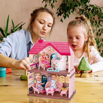 Imagem de Casinha de bonecas Dois Andares Casa Mágica Rosa de Brinquedo Infantil Crianças Com Acessórios