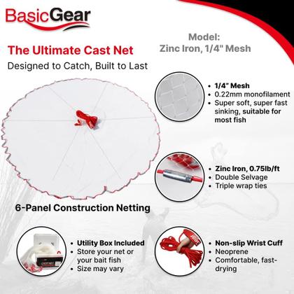 Imagem de Cast Net BasicGear, ferro de zinco, malha de 1/4 de polegada, raio de 6 pés