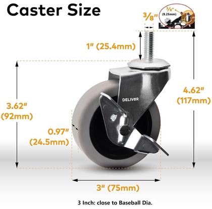 Imagem de Caster Wheels DELIVER de 3 polegadas com travamento giratório, conjunto de 4