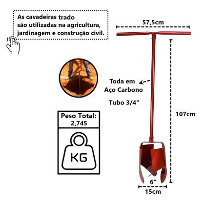 Imagem de Cavadeira Trado Cabo em Tubo Aço Carbono 06pol 107cm