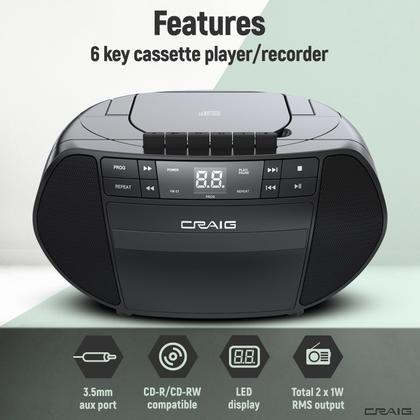 Imagem de CD portátil de carregamento superior Boombox Craig com rádio AM/FM preto