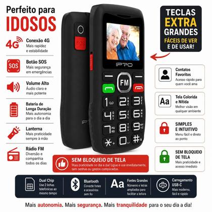 Imagem de Celular para Idoso 4G Dual Chip Botão SOS Lanterna Rádio FM MP3 fácil de usar