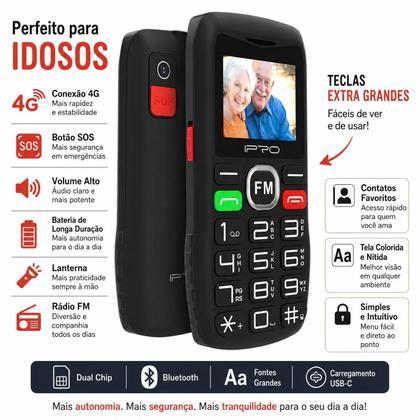 Imagem de Celular para Idoso 4G Dual Chip Botão SOS Lanterna Rádio FM MP3 fácil de usar