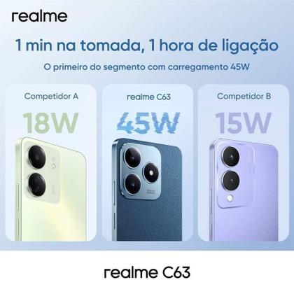 Imagem de Celular Realme C63 NFC 256GB / 128GB + 12GB Ram Premium Design câmera 50MPX Tela 6.74" Resistente a água IPX54 Global Dual Sim lançamento 2024