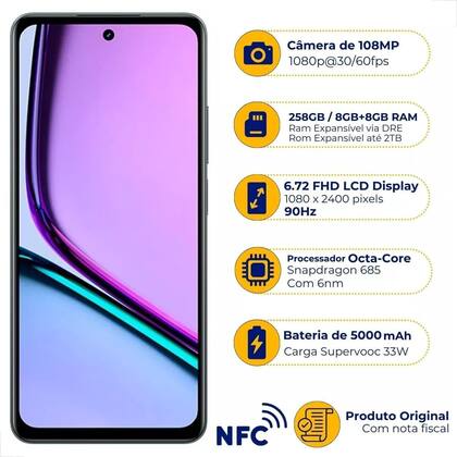 Imagem de Celular Realme C67 256GB 8GB RAM Preto 4G com Wi-Fi 2,4/5 GHz Bluetooth 5.0 dual-SIM microSD e SuperVOOC 33 W