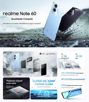 Celular Realme Note 60 128GB Câmera dupla 32MP tela 90Hz 6,74