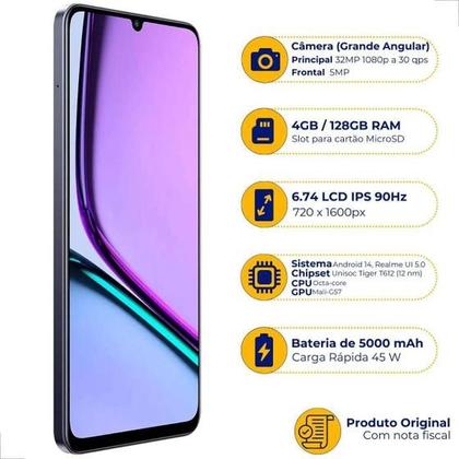Imagem de Celular Realme Note 60 128GB Global 4GB Preto, Dual 4G, Processador Unisoc T612, Tela HD+ 90Hz
