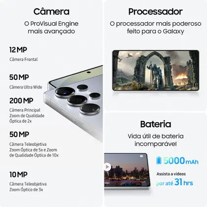 Imagem de Celular Samsung Galaxy S25 Ultra 5G, 512GB, 12GB RAM, Câmera Quádrupla de 200+50+10+50, Tela Grande de 6.9"