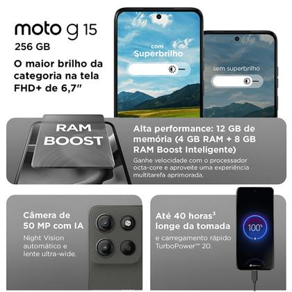 Imagem de Celular Smartphone Motorola Moto G15 4G 256gb 4Gb RAM e 8Gb RAM Boost XT2521 Cam 50mpx 5200Mah Tela FHD 6.7 NFC Grafite