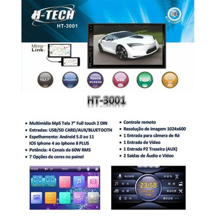 Imagem de Central Multimídia 2 Din 7 Polegadas MP5 HT-3001 H-Tech Bluetooth 