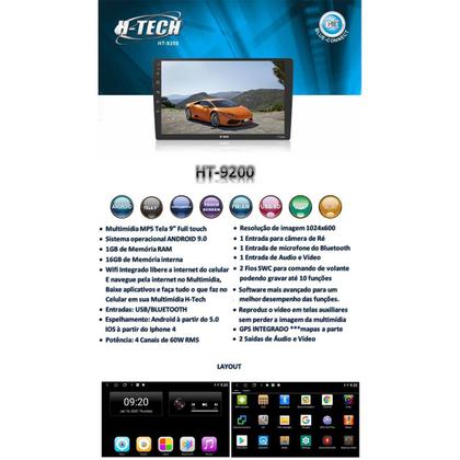 Imagem de Central Multimídia 2 Din 9 polegadas Android 10 MP5 HT-9200 H-Tech com Espelhamento Android e iOS Bluetooth USB FM