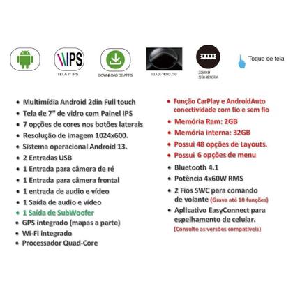Imagem de Central Multimidia 7pol QuadCore 2GB 32GB Android Auto Carplay Espelhamento