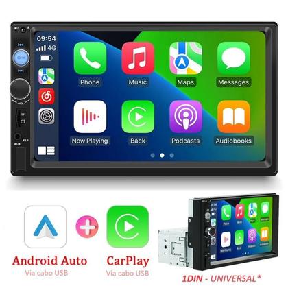 Imagem de Central Multimídia Com CarPlay e Android Auto por USB, MP5 1Din, Tela de 7 Pols, Bluetooth, USB e Compatível com Câmera