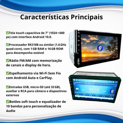 Imagem de Central Multimídia Mp5 2 Din Wifi Tv Digital Gps Android 10.0 Usb Bluetooth Tela 7 Polegadas