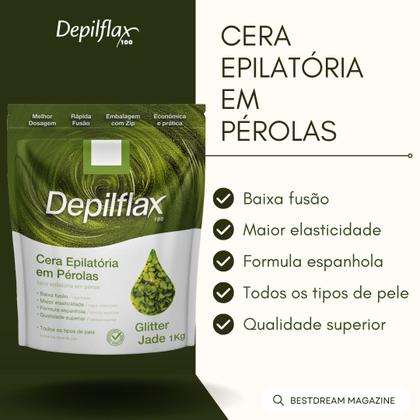 Imagem de Cera Quente Depilatória Profissional Glitter Jade Depilflax Em Perolas 1Kg Grande