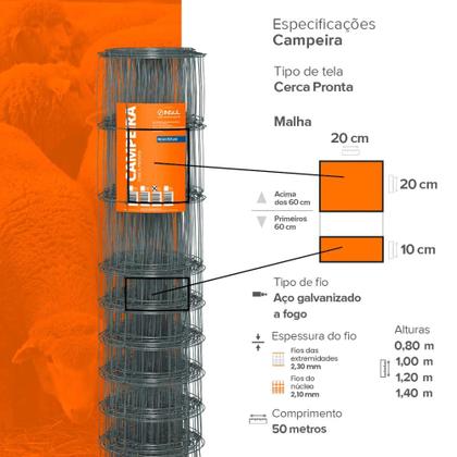 Imagem de Cerca Pronta Campeira de Arame Ovalado, Altura de 0,80m, Fios de aço 2,30mm, Malha 20x10cm, Rolo 50m
