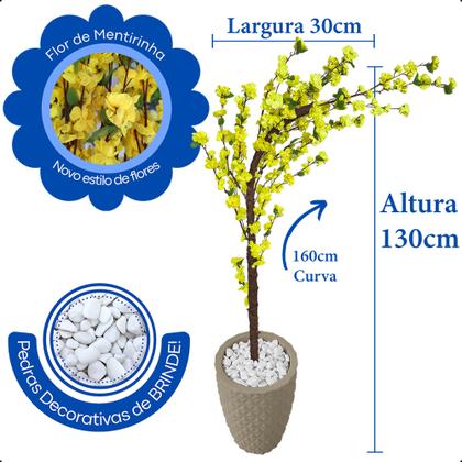 Imagem de Cerejeira Amarela Com Galho Curvo Planta Artificial Com Vaso De Decoração