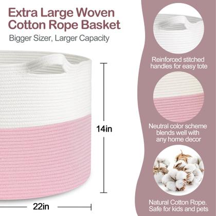 Imagem de Cesta de Armazenamento MEGASKET - Corda de Algodão Rosa (22x22x14cm) - Tamanho XXXL
