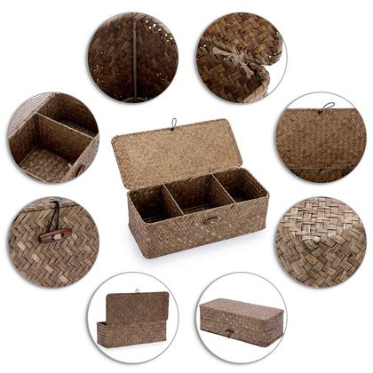 Imagem de Cesta de armazenamento Sumnacon Seagrass com tampa de vime com 3 compartimentos